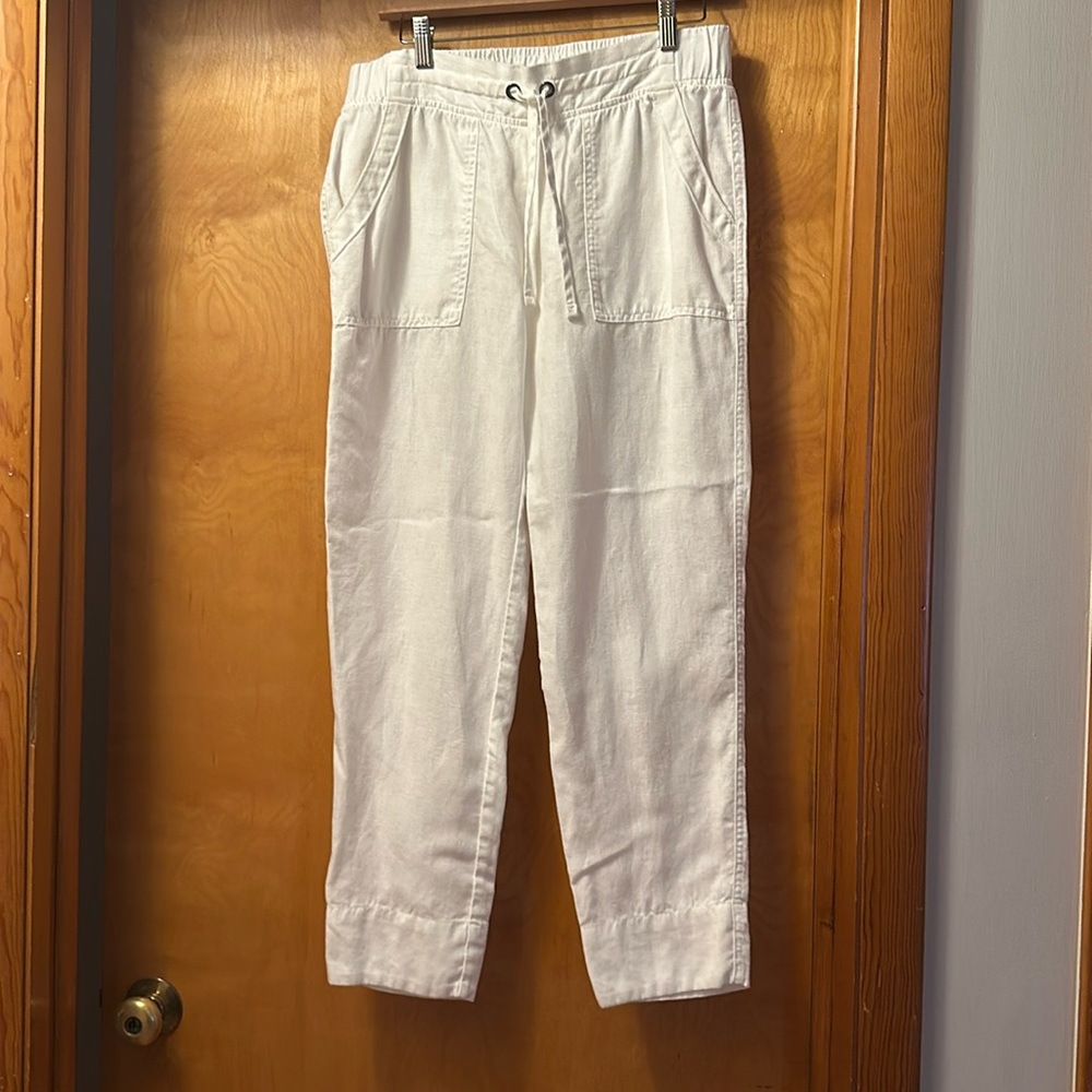 Athleta White Linen Drawstring Pants Cropped